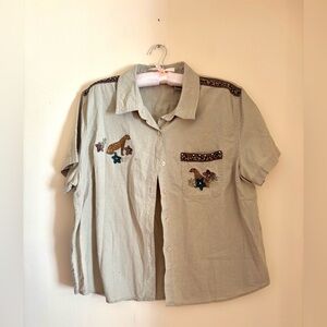 90s Beige Embroidered Short Sleeve Shirt